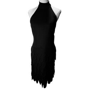 Tadashi Shoji Black Textured Petal Hem Cocktail Dress Size M | Halter Style LBD